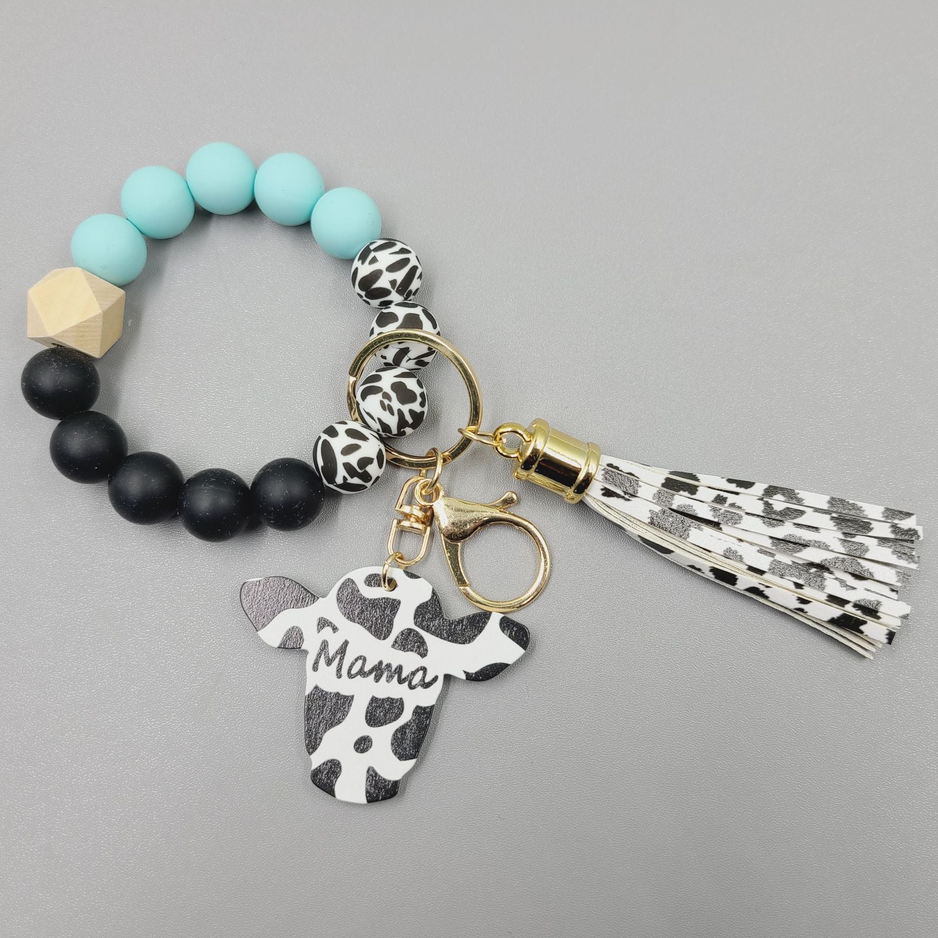 Wholesale Western Style Wood Chips MAMA Bull Head Silicone Beads Bracelet Keychain